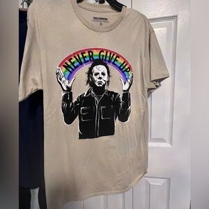 Michael Myers Men’s T-Shirt Never Give Up Graphic Tee with Rainbow